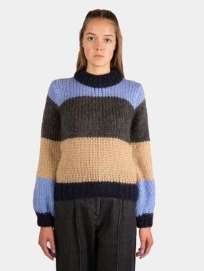 Ganni Striped Chunky Knit Sweater in Lavender, Charcoal & Tan
